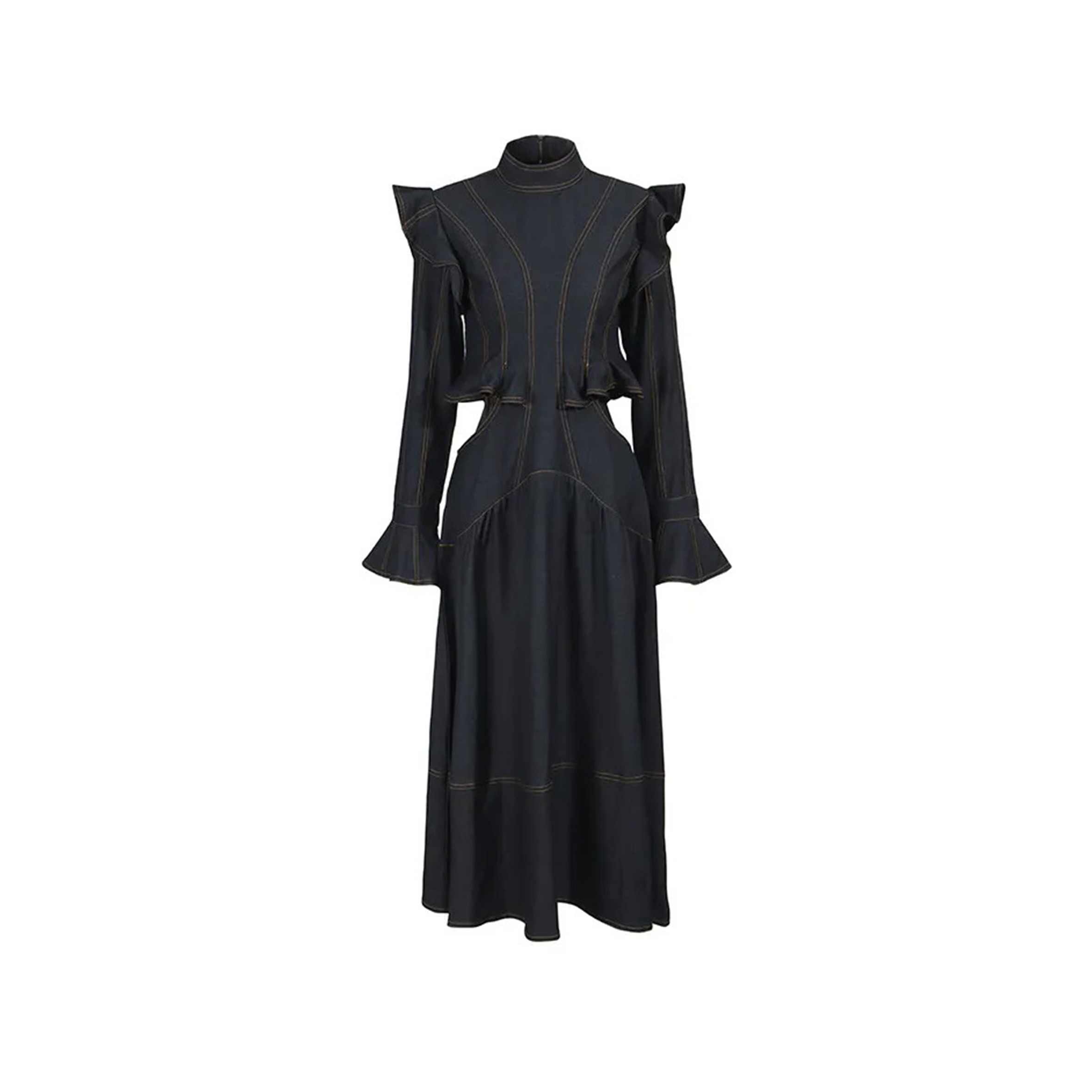 ZIMMERMANN WILHELMINE INDIGO BLUE RUFFLED DENIM MIDI DRESS 